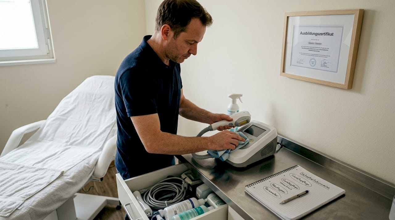 Nach der Fortbildung sorgt der Kosmetiker dafür, dass die Geräte gründlich gereinigt werden.