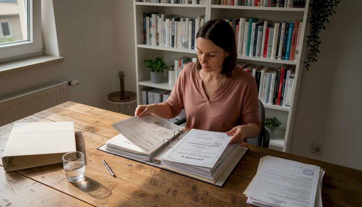 Eine Frau sitzt an ihrem Schreibtisch und ordnet verschiedene Zertifikate für Kosmetikprodukte.