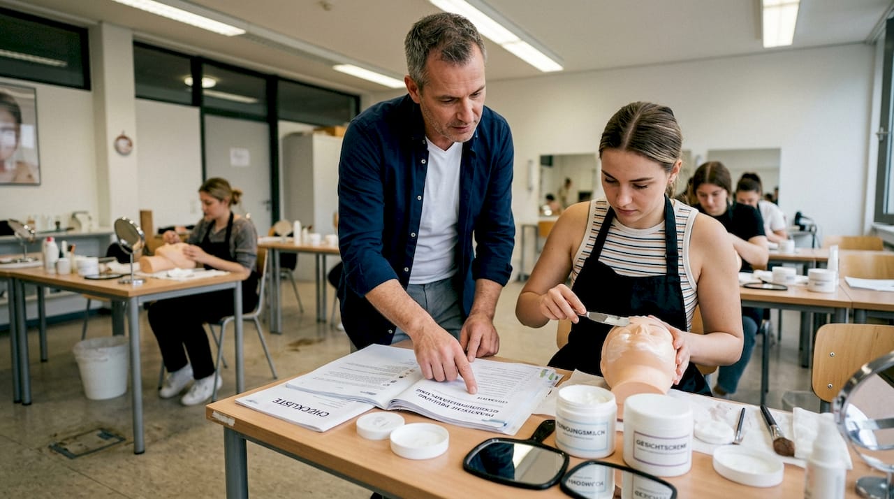 Die praktische Prüfung zur Kosmetikerin wird von einer Fachkraft beaufsichtigt.