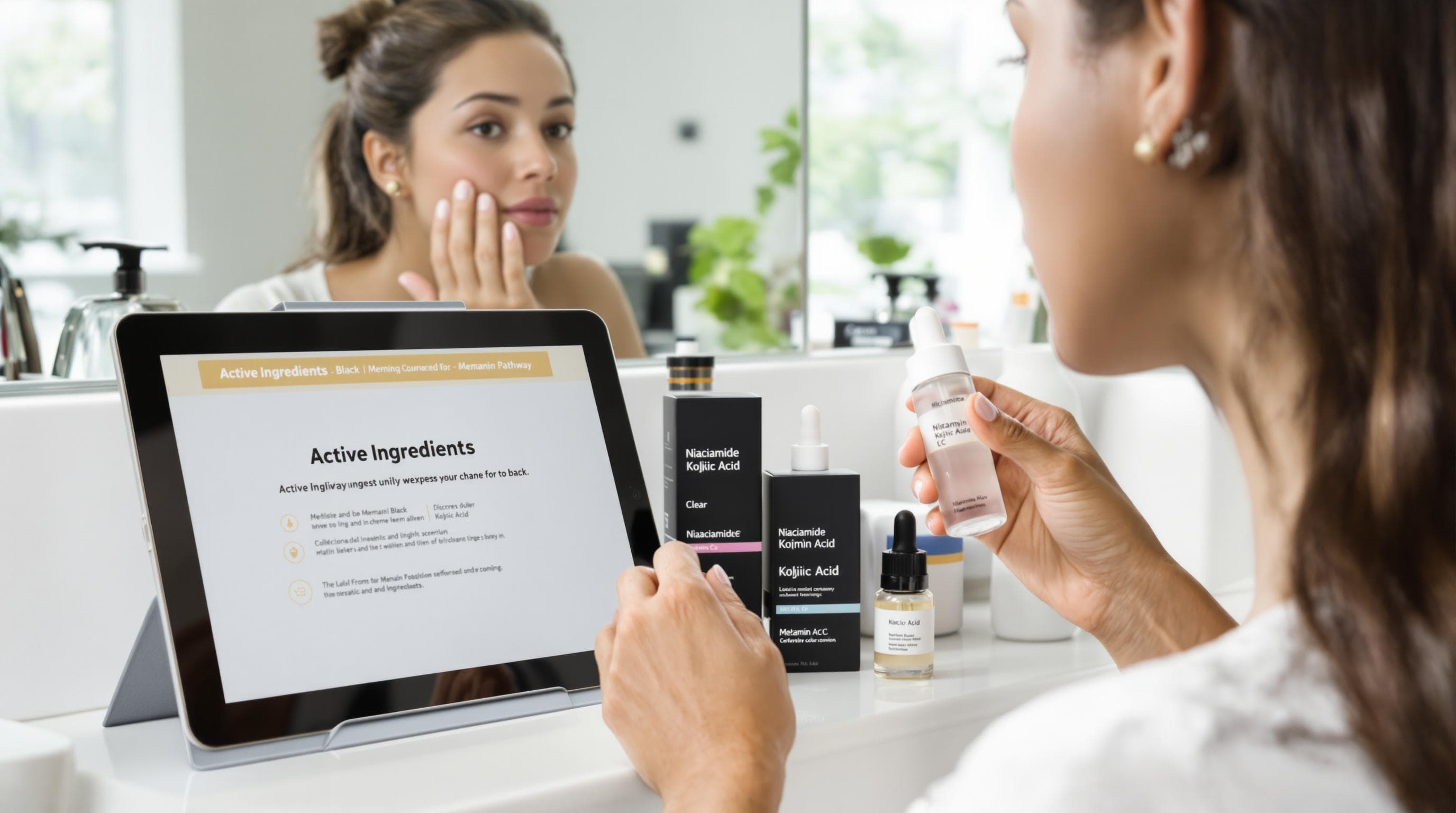 Serum application and brightening product bottles labeled 'Active Ingredients'