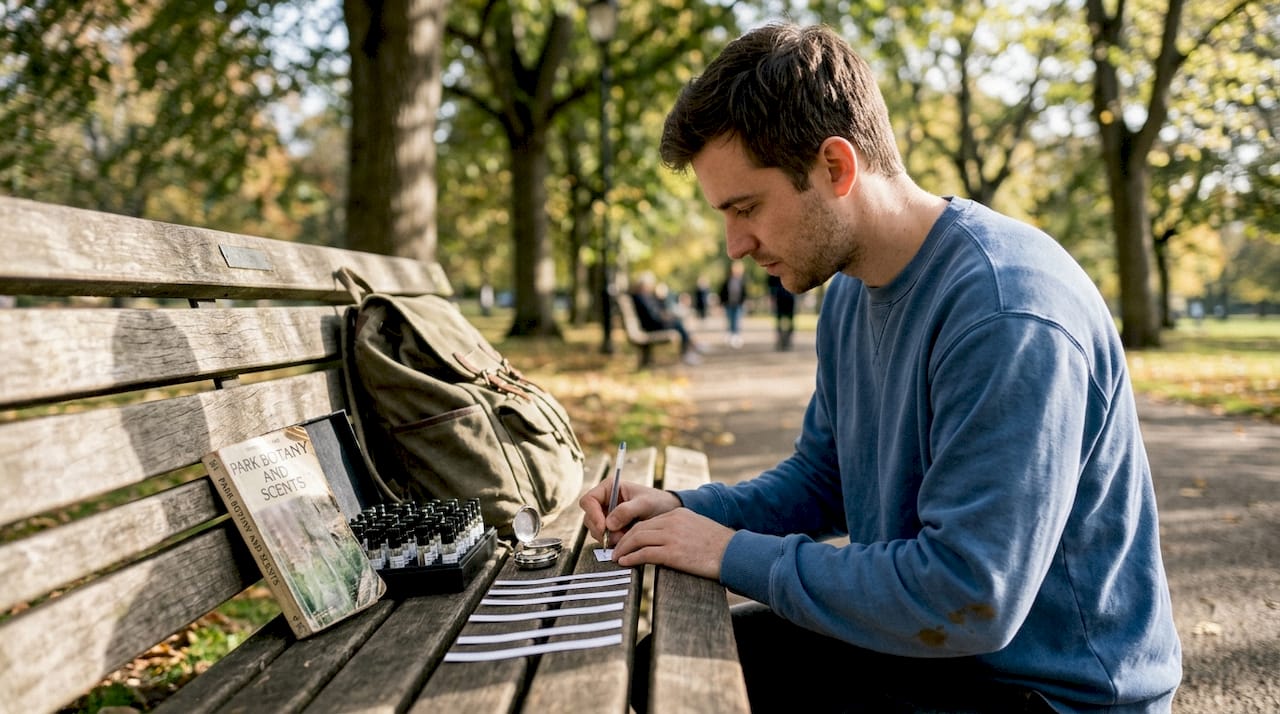 Man comparing scents on park bench