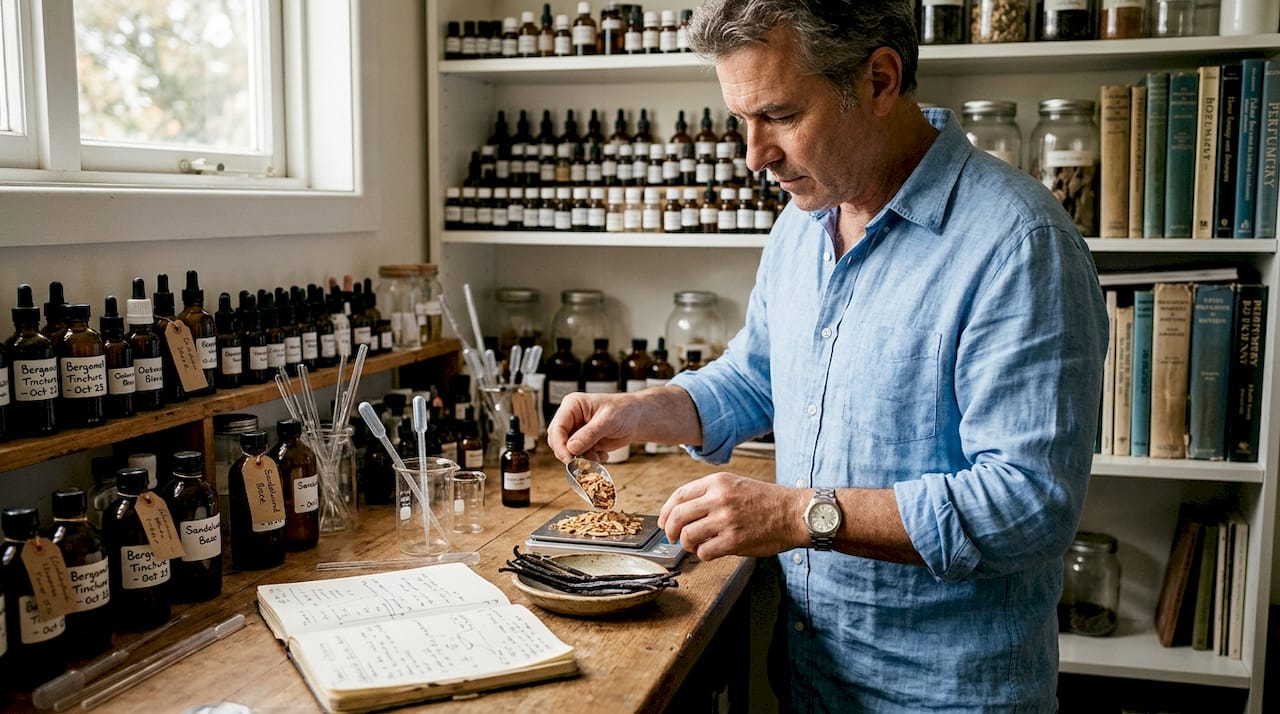 Perfumer working with rare scent ingredients