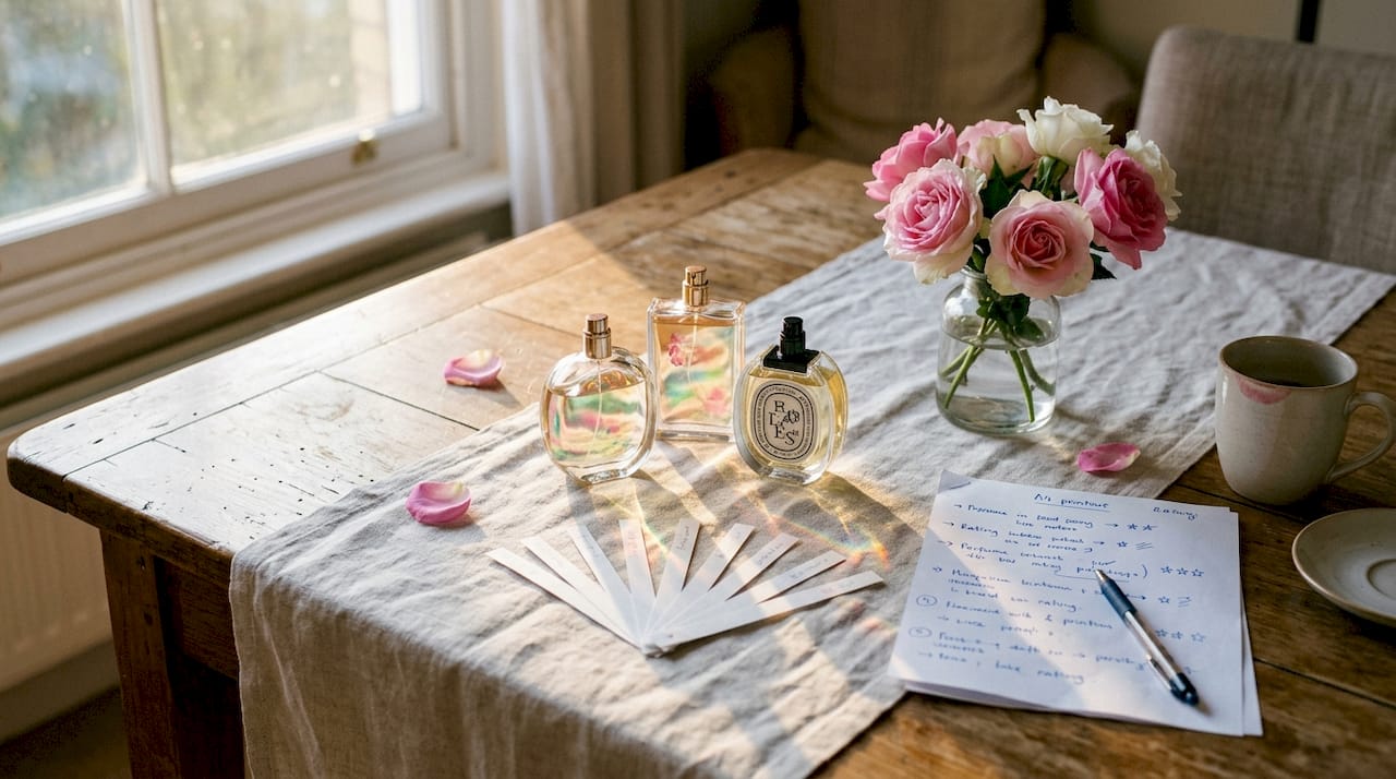 Assorted floral perfume bottles with roses on table