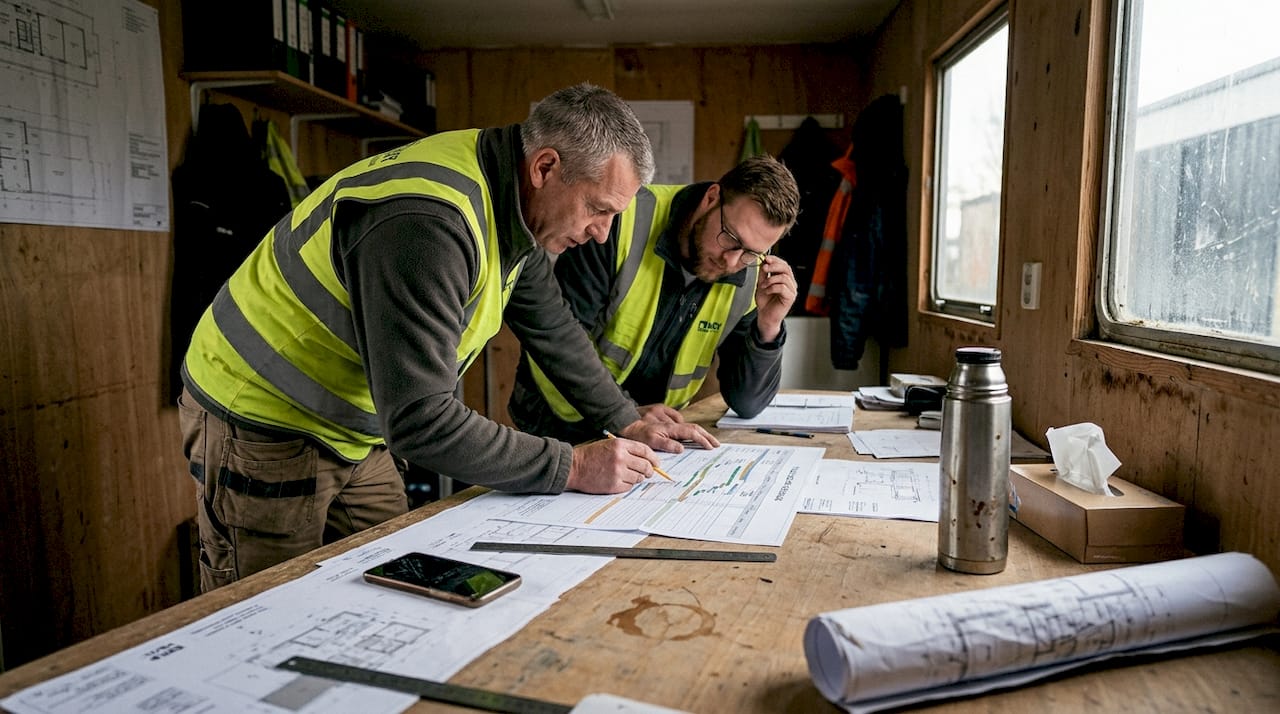 In de bouwkeet overleggen de uitvoerders samen over de planning.