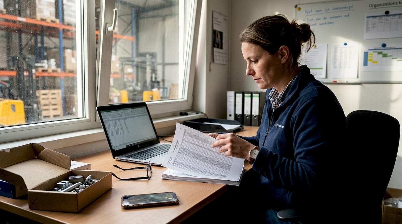 Een vrouw zit aan haar bureau bij het magazijn en loopt de voorraadlijst na.
