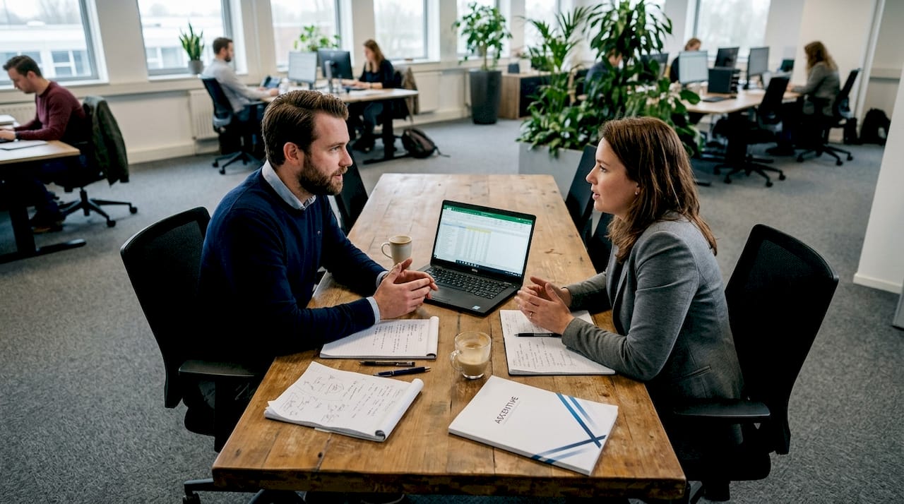 Teamleden buigen zich samen over de werkprocessen tijdens het overleg.