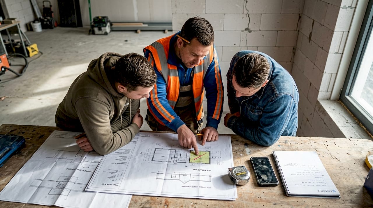 Het team bespreekt de planning op de bouwlocatie.