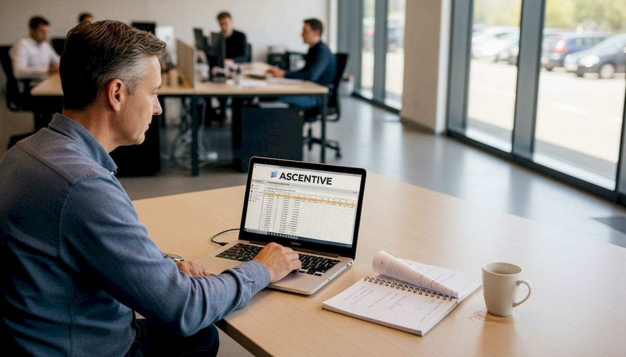 De manager van een mkb-bedrijf is op kantoor bezig met het stroomlijnen van de digitale processen.