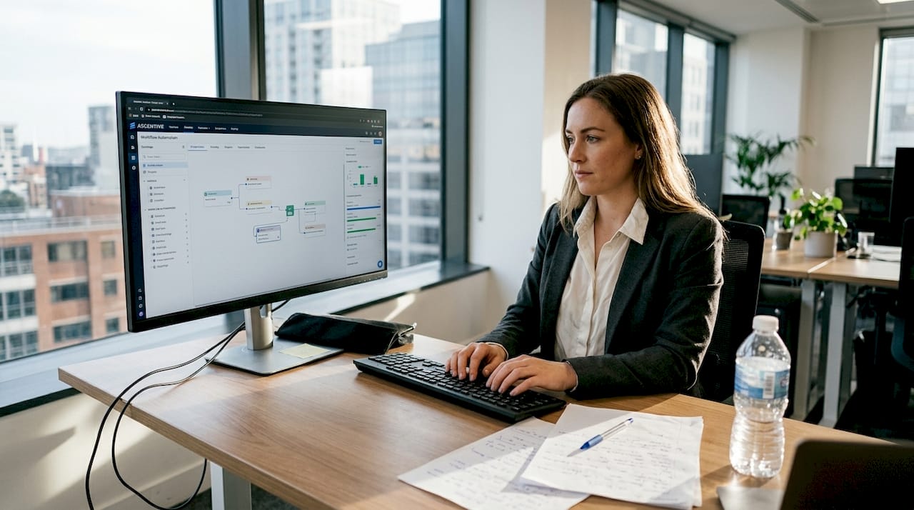 Een vrouw onderzoekt mogelijkheden voor automatisering vanuit haar kantoor op de hoek.