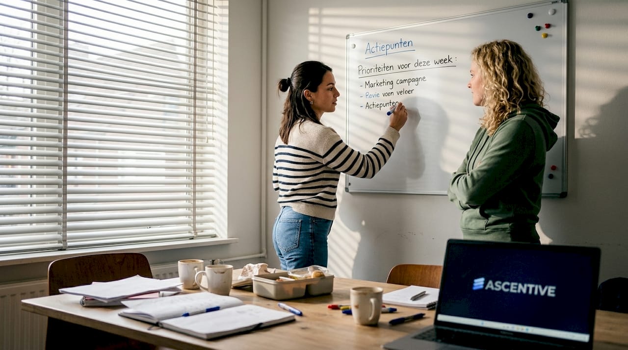 Collega’s sparren samen bij het whiteboard vol aantekeningen