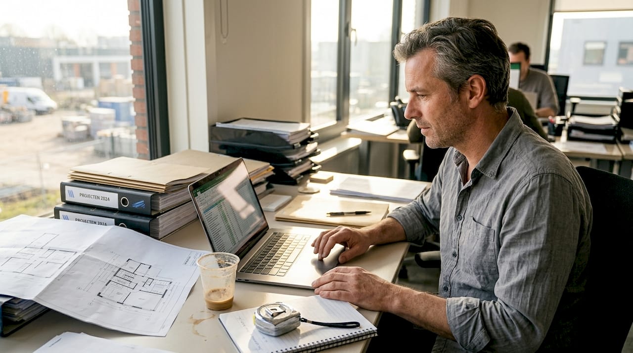 Een medewerker op kantoor werkt aan een project met zijn laptop en bouwtekeningen voor zich.