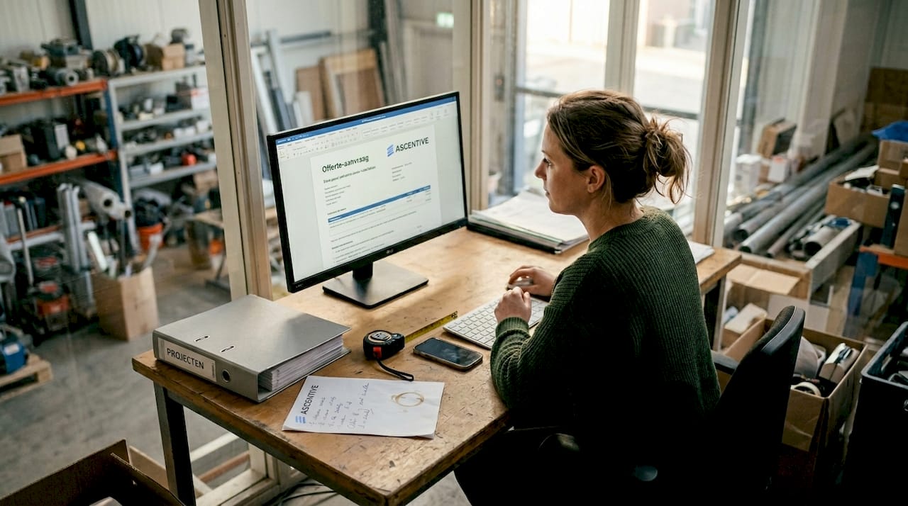 Een collega is bezig met het opstellen van een offerte voor installatieklussen.