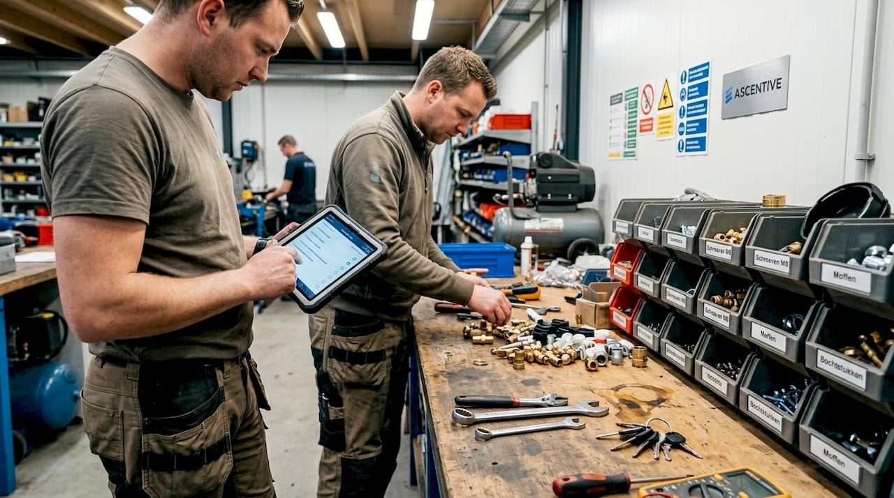 Monteurs bij het installatiebedrijf werken volgens een vaste checklist aan de werkbank.