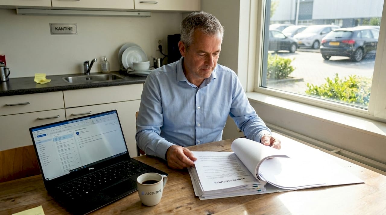 Man zit aan de keukentafel op kantoor verdiept in processtukken