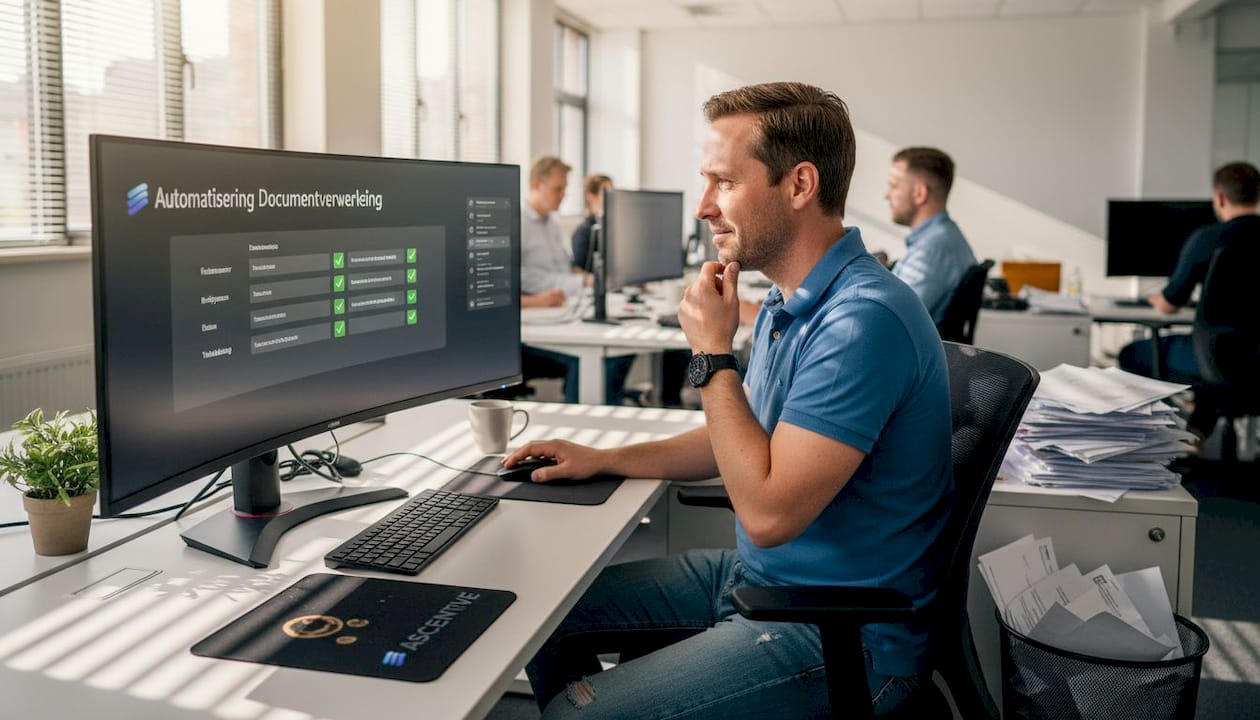 Een medewerker is bezig met het afhandelen van formulieren op een open kantoorvloer.