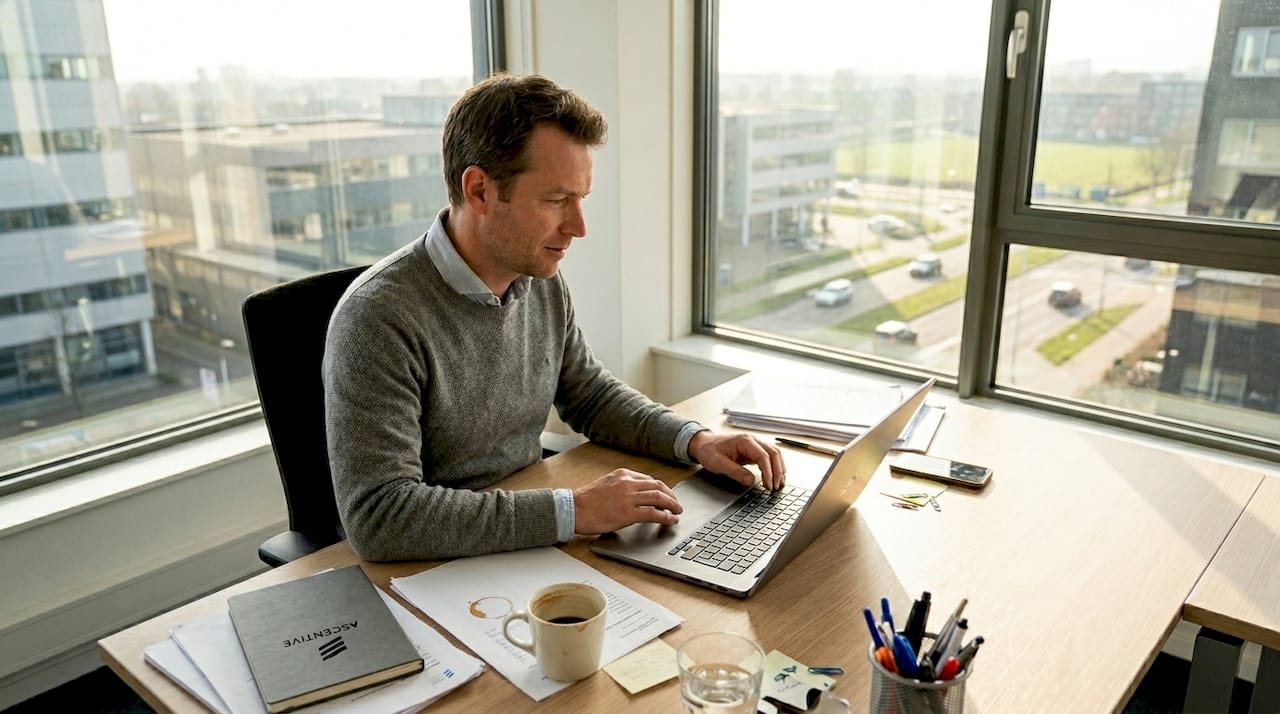 Man werkt aan het ontwikkelen van maatwerksoftware in een hoekbureau.