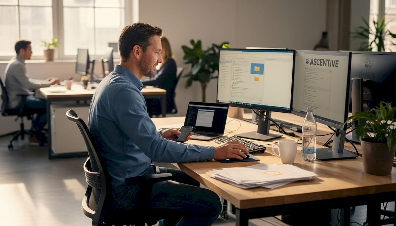 Medewerker bij een MKB-bedrijf koppelt verschillende softwarepakketten aan elkaar.