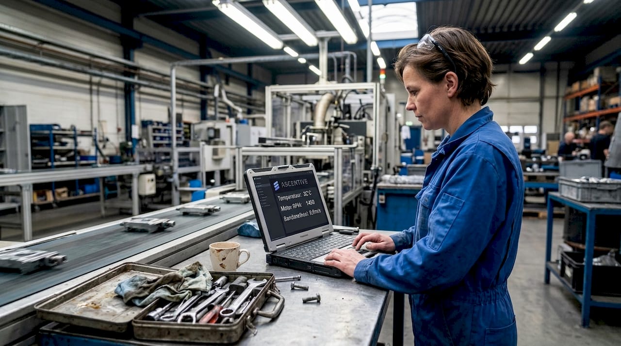 Een onderhoudsmonteur controleert de sensorgegevens van de fabriek.