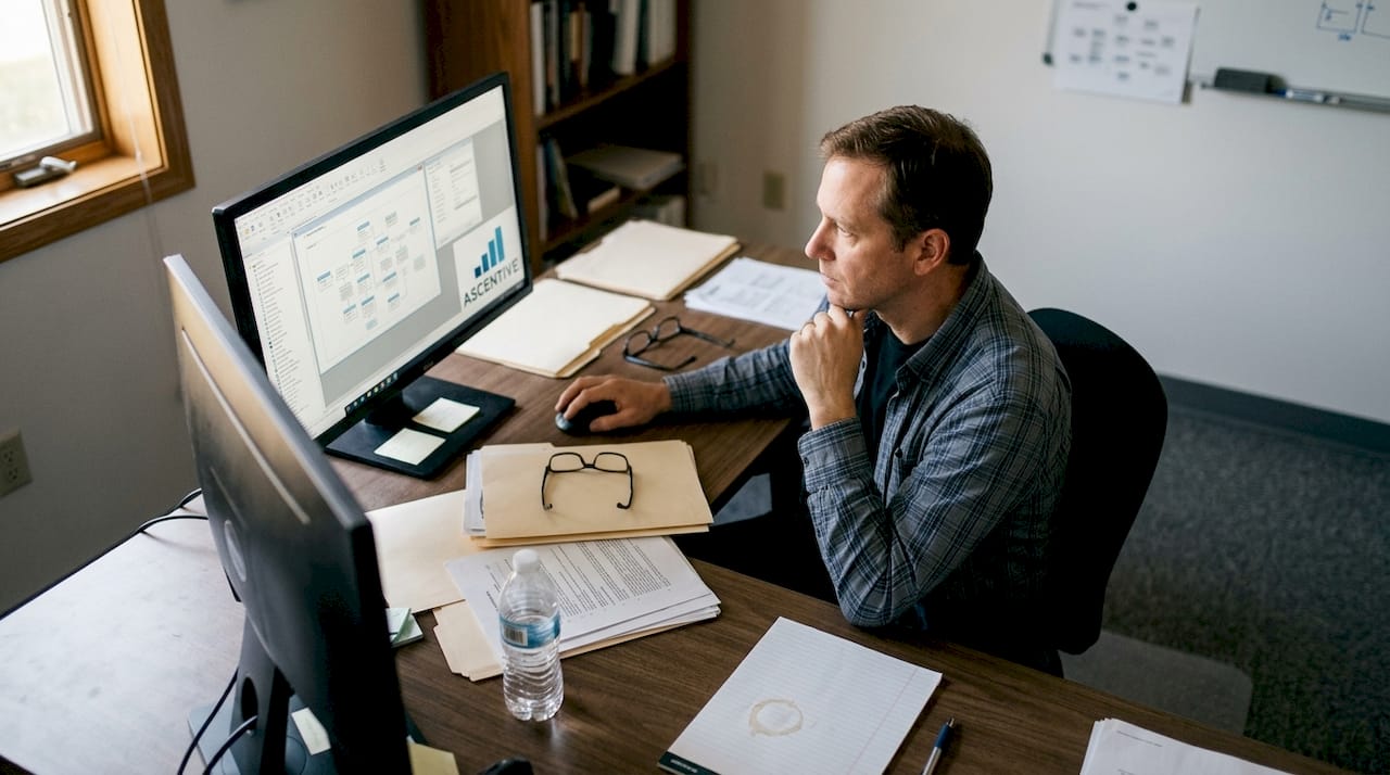 Een IT-specialist is bezig met het ontwikkelen en onderhouden van een monolithisch softwaresysteem.