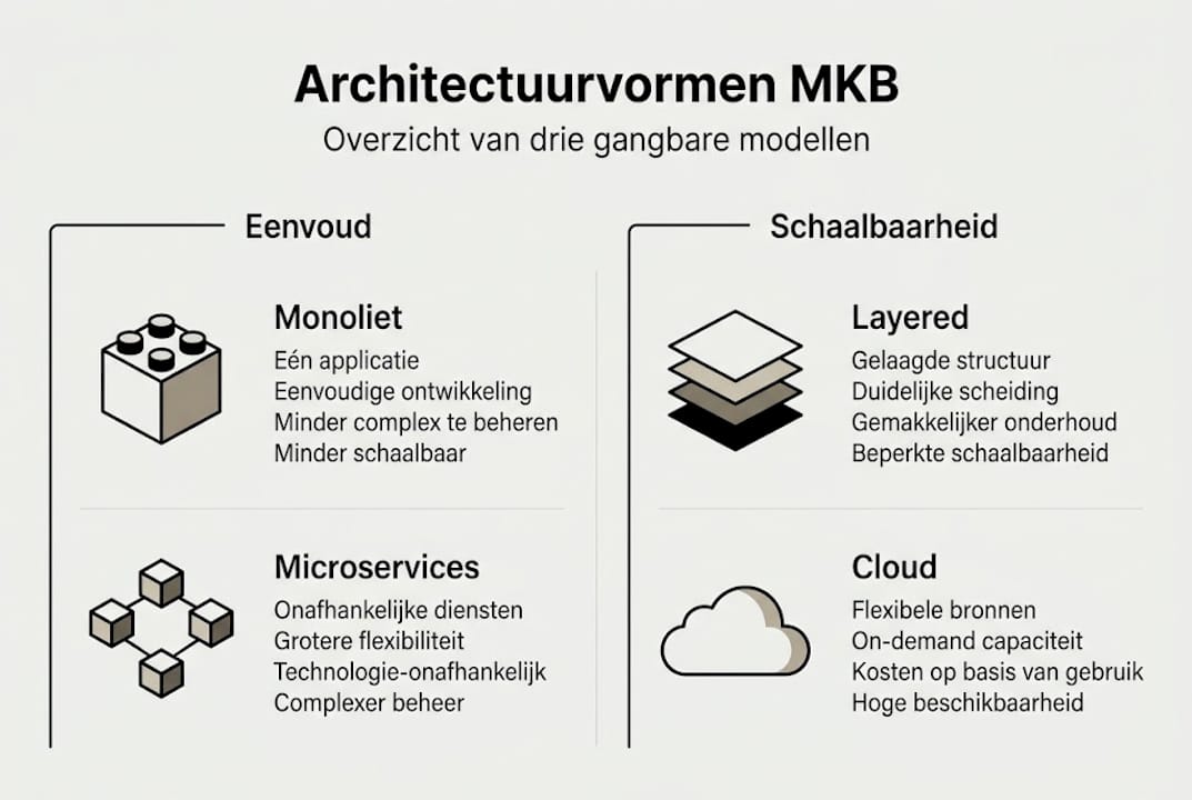 Infographic: Overzicht van typen systeemarchitecturen en hun belangrijkste eigenschappen