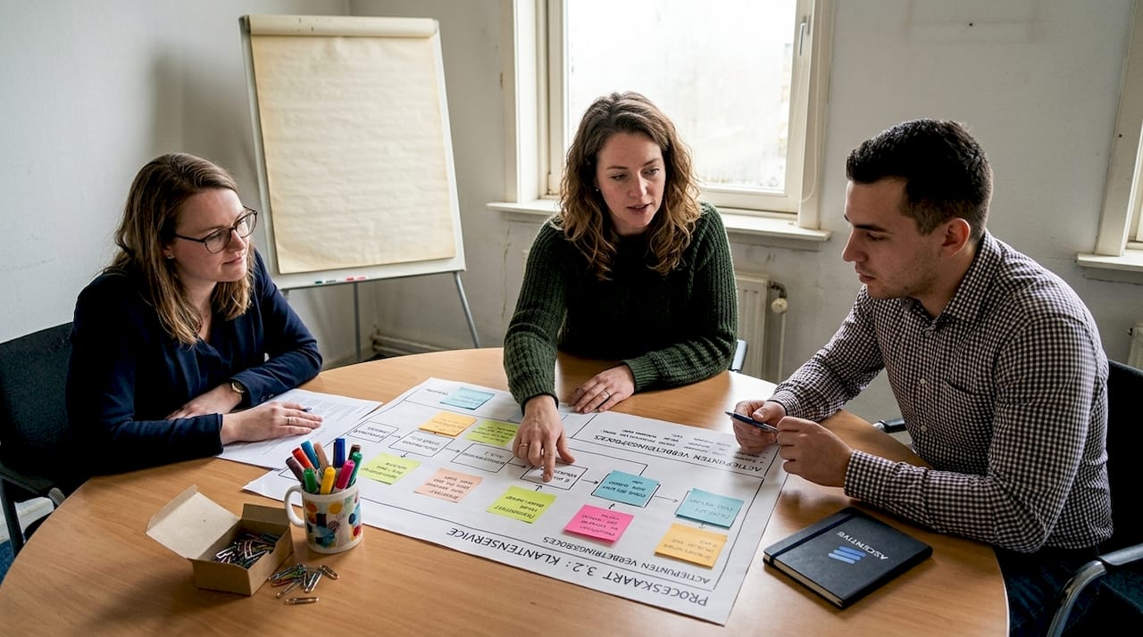 Het team komt samen om de voorbereidingen voor de automatisering aan de vergadertafel te bespreken.