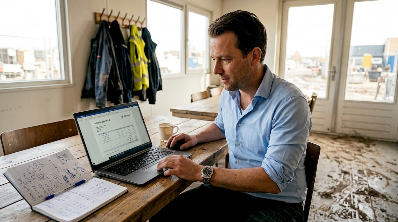 Een calculator zit in de bedrijfskantine aan een offerte te werken.