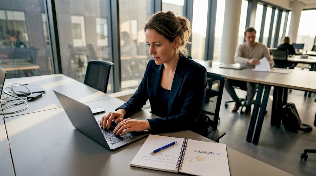 Op kantoor werkt een medewerker aan het automatiseren van bedrijfsprocessen op zijn laptop.