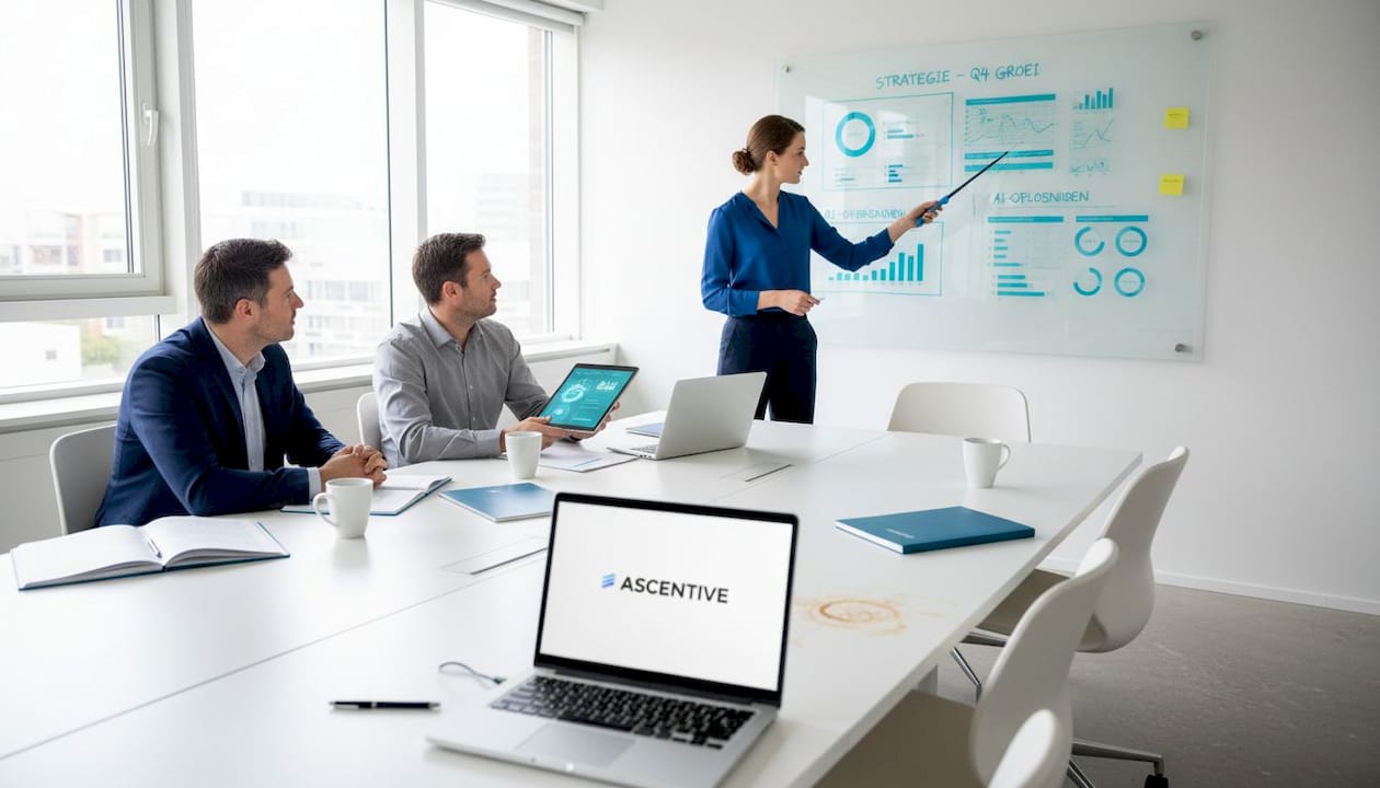 Het team zit samen aan de vergadertafel op kantoor om de mogelijkheden van automatisering te bespreken.