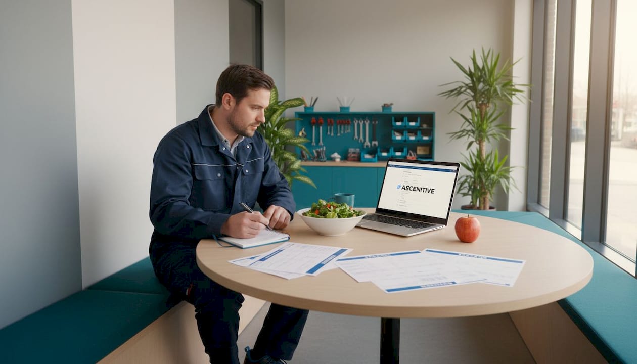 Monteur werkt zijn administratie bij op de laptop aan de tafel in de kantine.