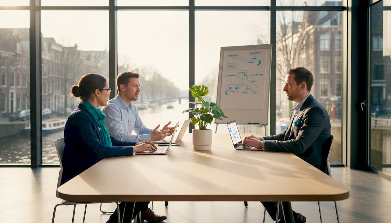 Het team zit rond de vergadertafel en bespreekt hoe ze processen kunnen automatiseren.