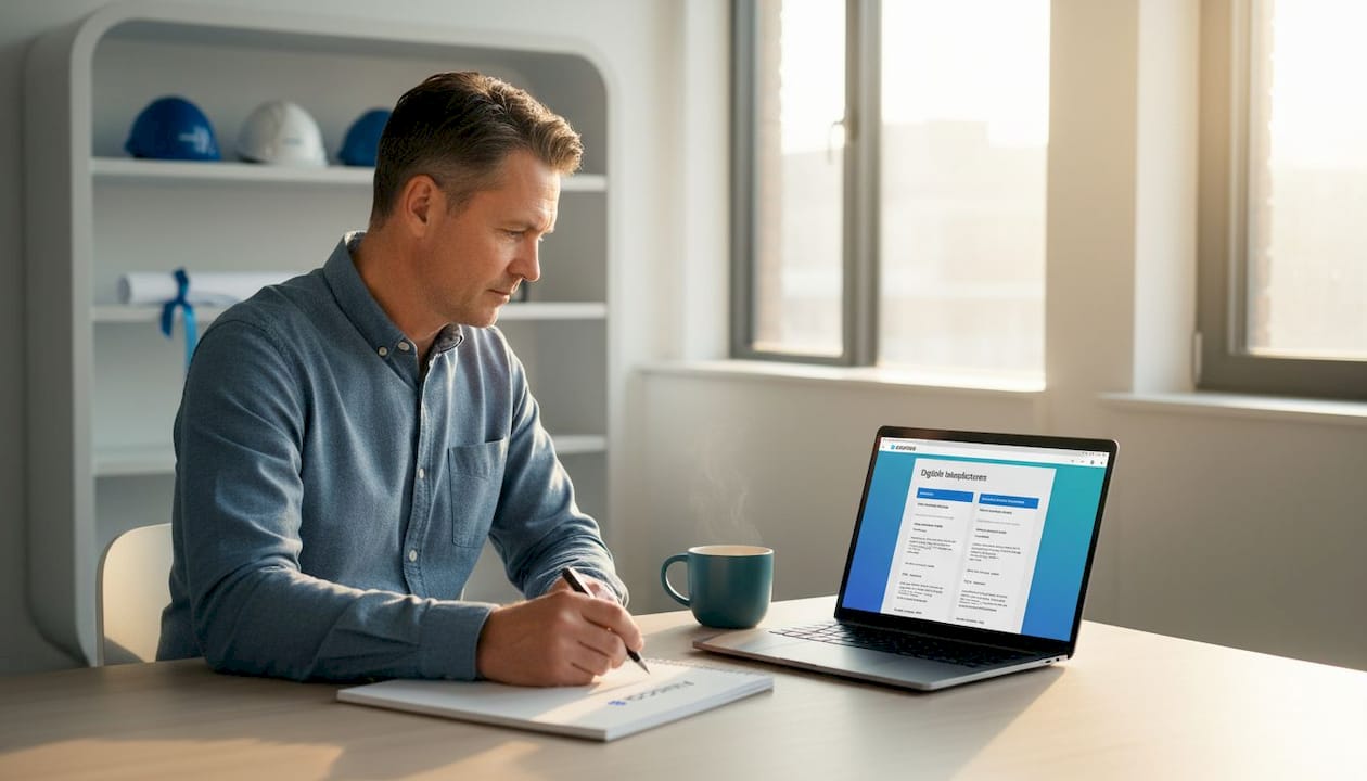 Een man is op kantoor bezig met het verwerken van facturen en heeft bouwtekeningen op zijn bureau liggen.