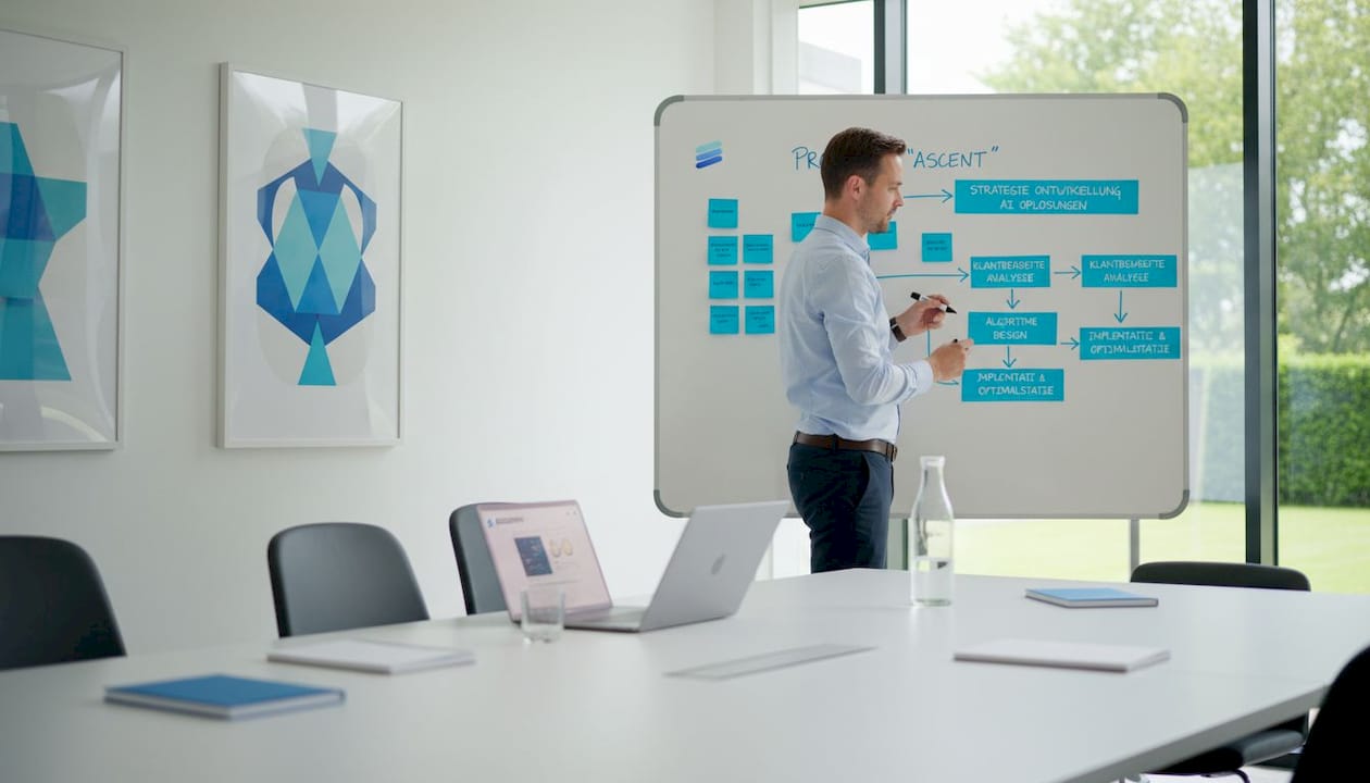 Een medewerker werkt het offerteproces uit op een whiteboard.