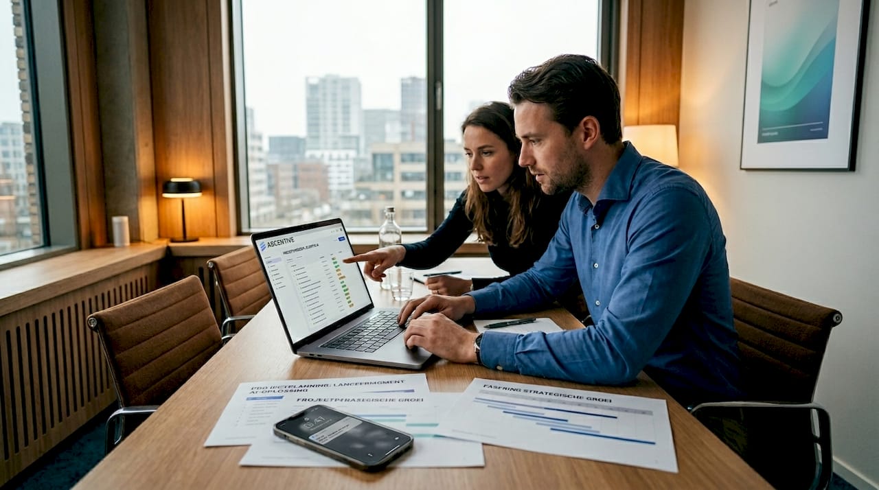 Twee collega’s bespreken samen de voortgang van hun projecten in Monday.