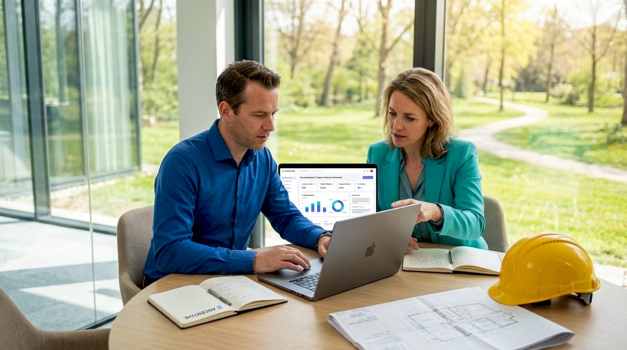 Twee collega's bespreken samen het bouwdashboard op kantoor.