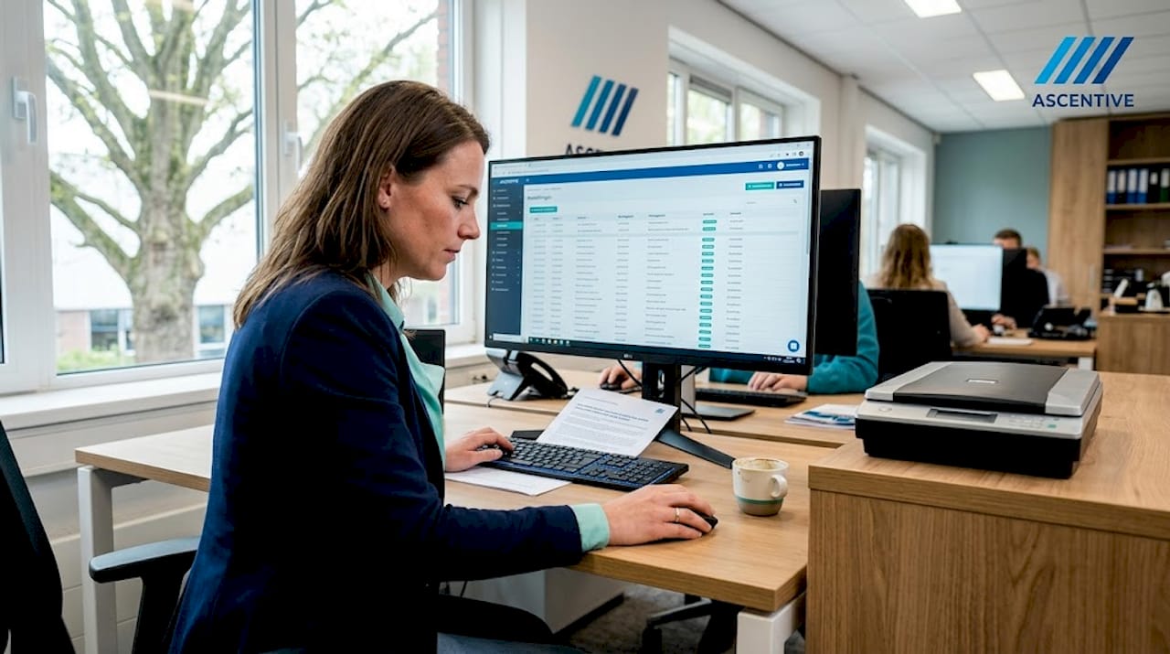 Een administratief medewerker houdt toezicht op de automatische gegevensstroom.