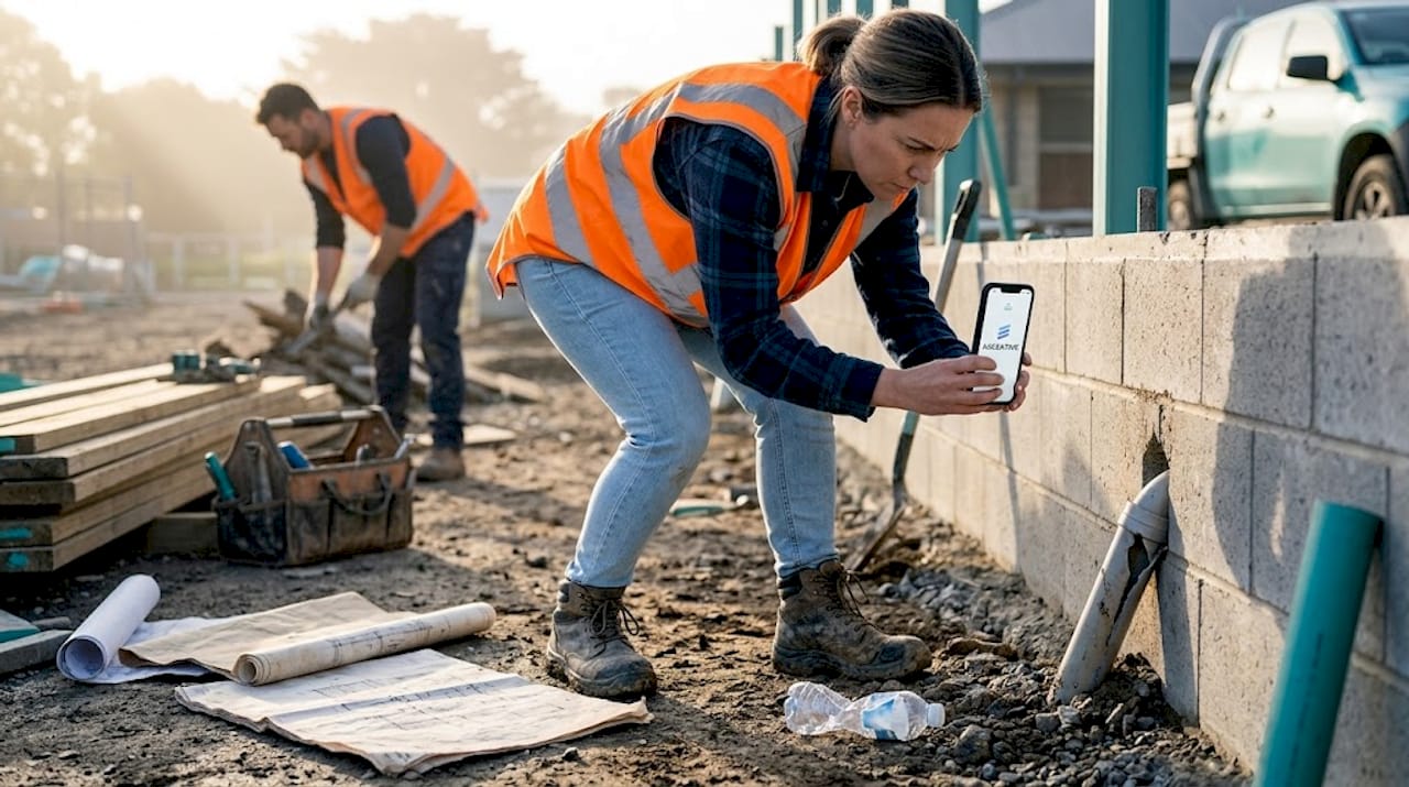 Bouwvakker doet inspectie met zijn smartphone