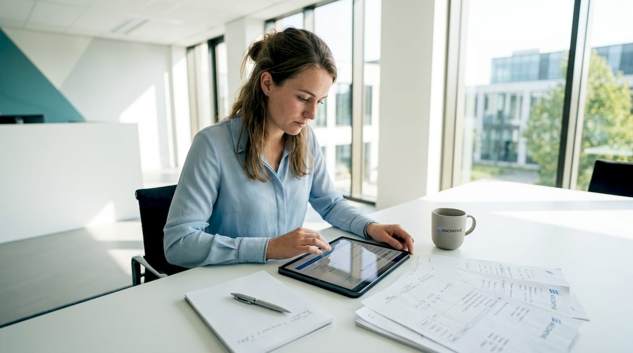 Een medewerker bekijkt en controleert offertes op zijn tablet op de werkplek.