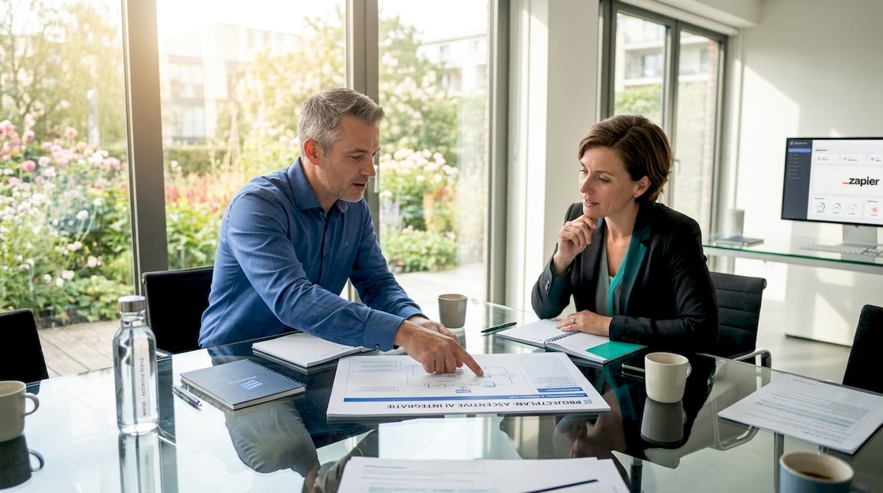 Een Zapier-specialist en een klant zitten samen om de plannen voor het project door te nemen.