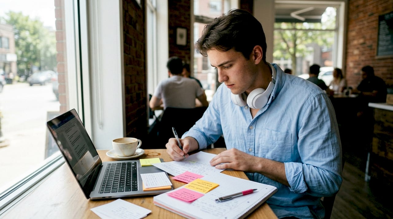 Installé dans un café, un candidat prépare son examen PNC en révisant ses cours.