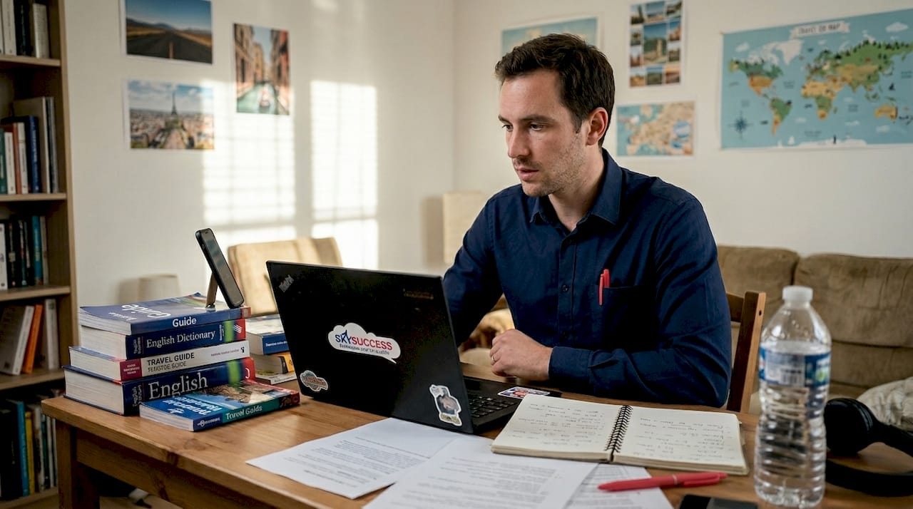 Je m'entraîne à faire des annonces de bord, installé(e) à mon bureau à la maison.