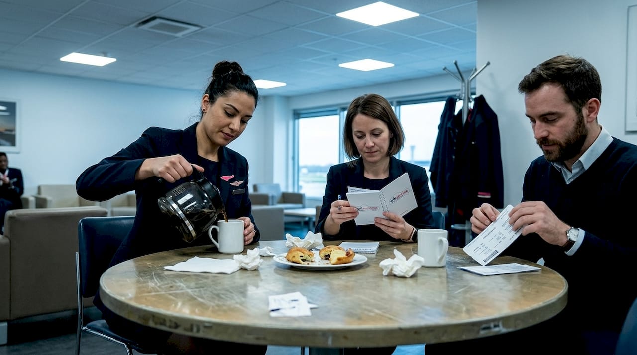 Avant leur prise de service, les membres de l'équipage échangent autour d'une table à l'aéroport pour préparer le vol.
