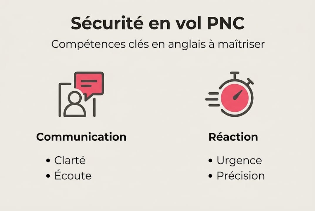 Visuel récapitulatif des compétences indispensables en anglais pour les membres d'équipage de cabine