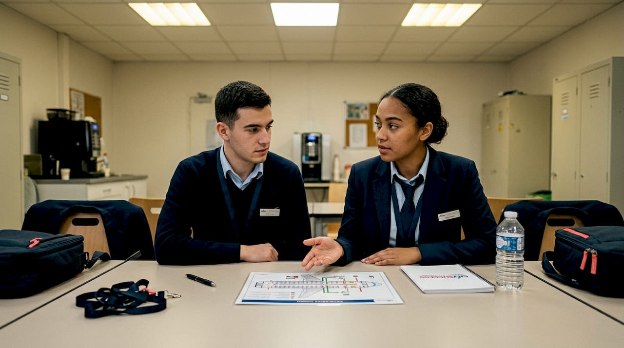 L'équipage échange sur les procédures à suivre en cas d'urgence à bord.