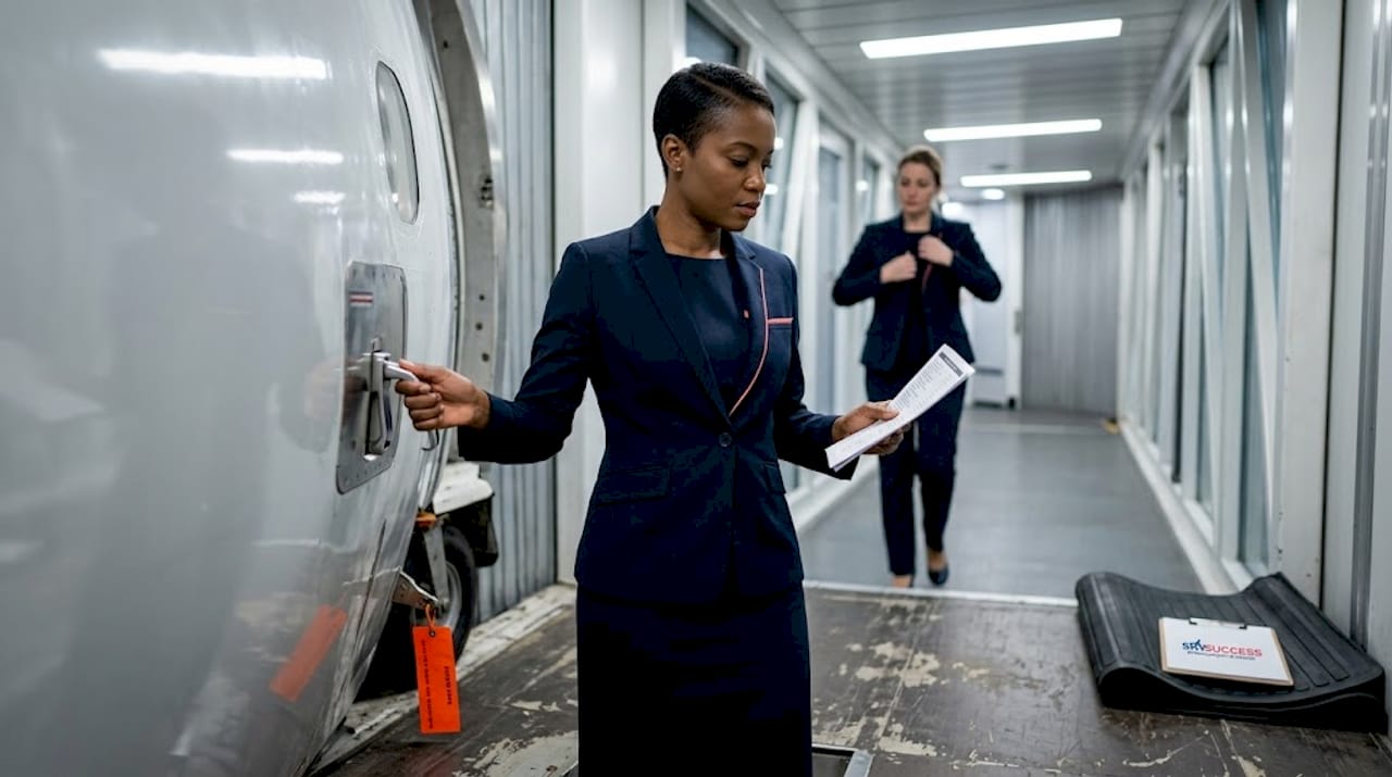 L'hôtesse de l'air procède à l'armement de la porte de l'avion.