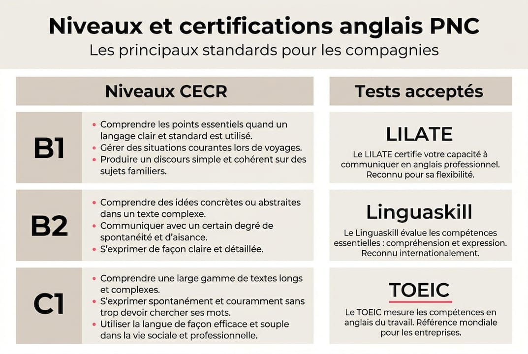 Visuel récapitulatif des différents niveaux d'anglais et des examens proposés pour les PNC
