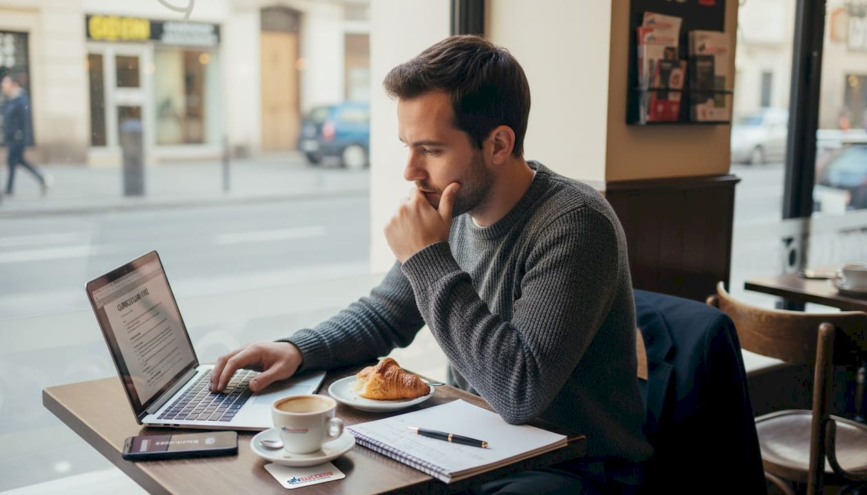 Assis à une terrasse de café, un homme travaille sur son ordinateur portable pour mettre à jour son CV.