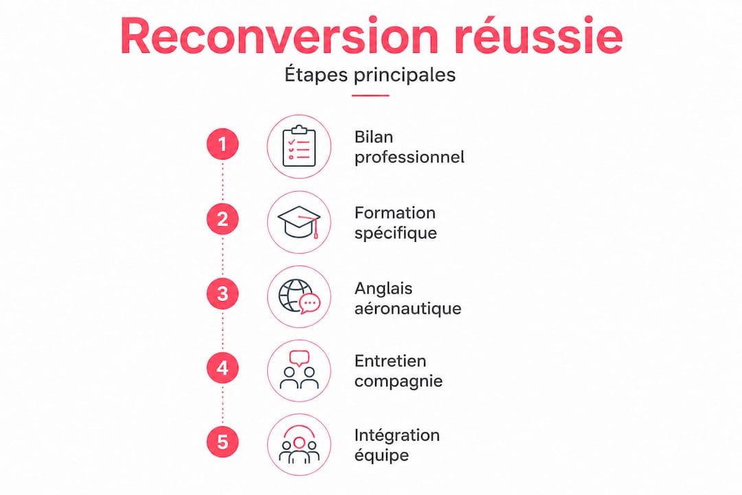 Infographie : le parcours étape par étape pour réussir sa reconversion en tant qu'hôtesse de l'air