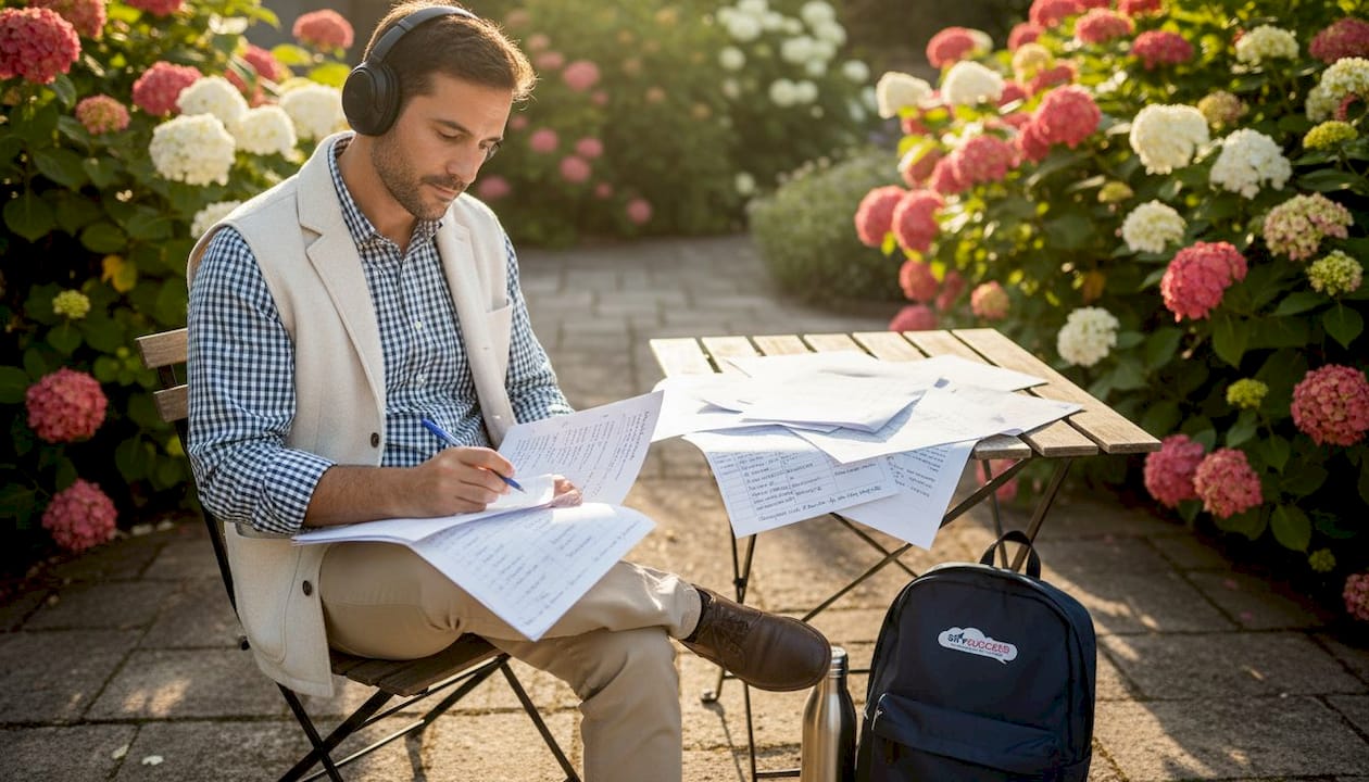 Un homme assis sur un banc de parc, plongé dans l'apprentissage de l'anglais.
