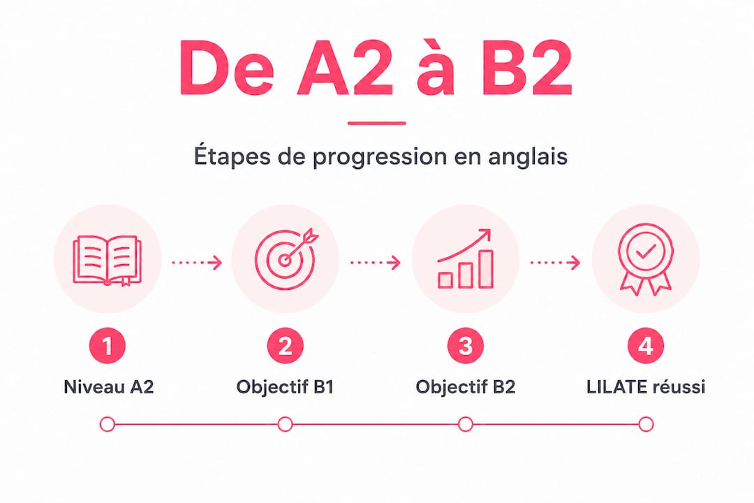 Schéma illustrant les différentes étapes pour passer du niveau A2 au niveau B2 en langue.