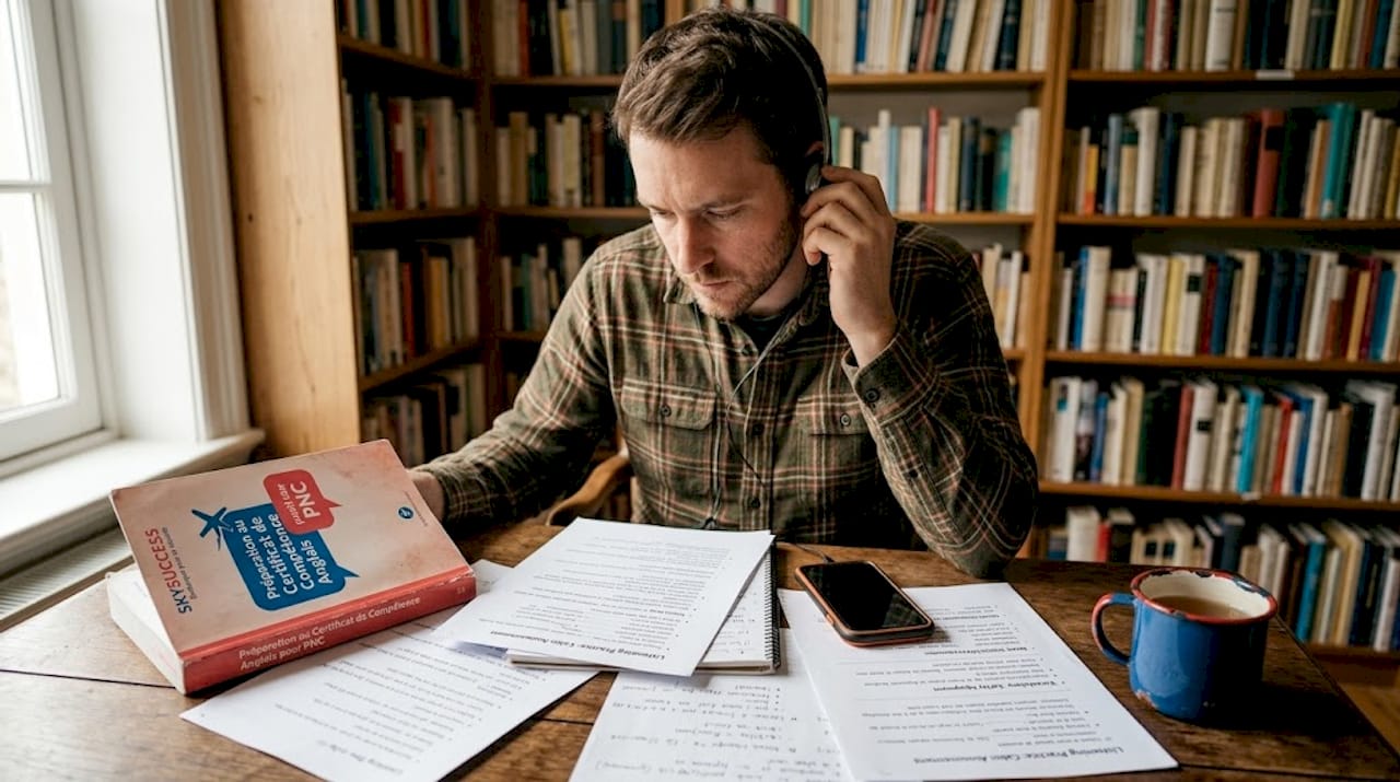 Un homme en pleine préparation de son test d'anglais, installé à son bureau.